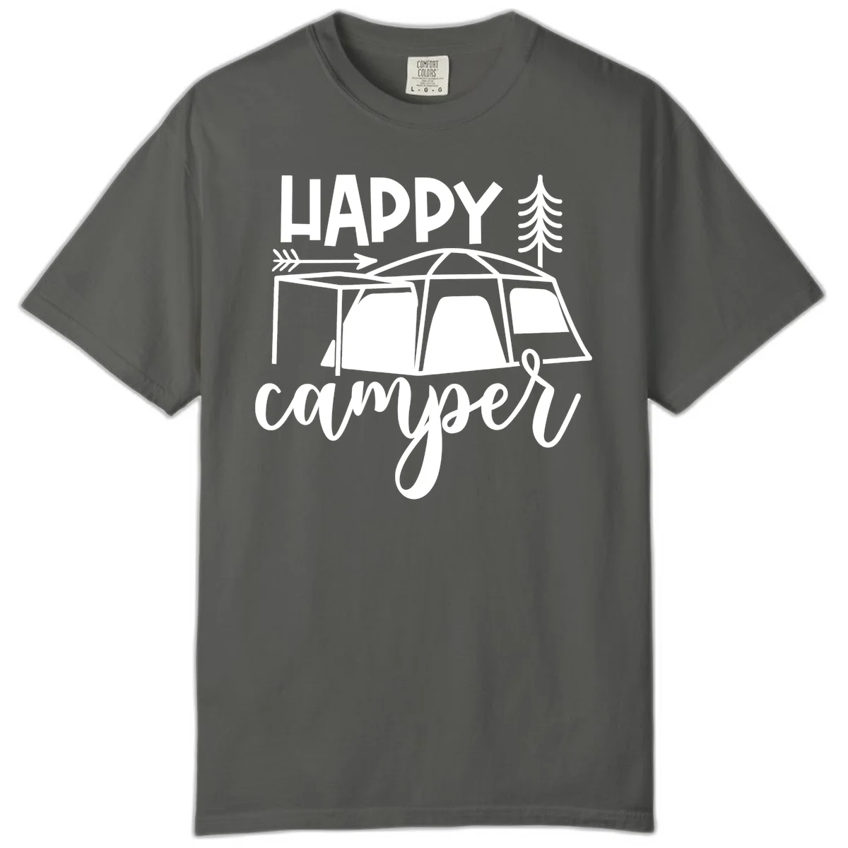 Happy Camper design with illustrated tent, evergreen trees, and arrow on gray background in Pepper