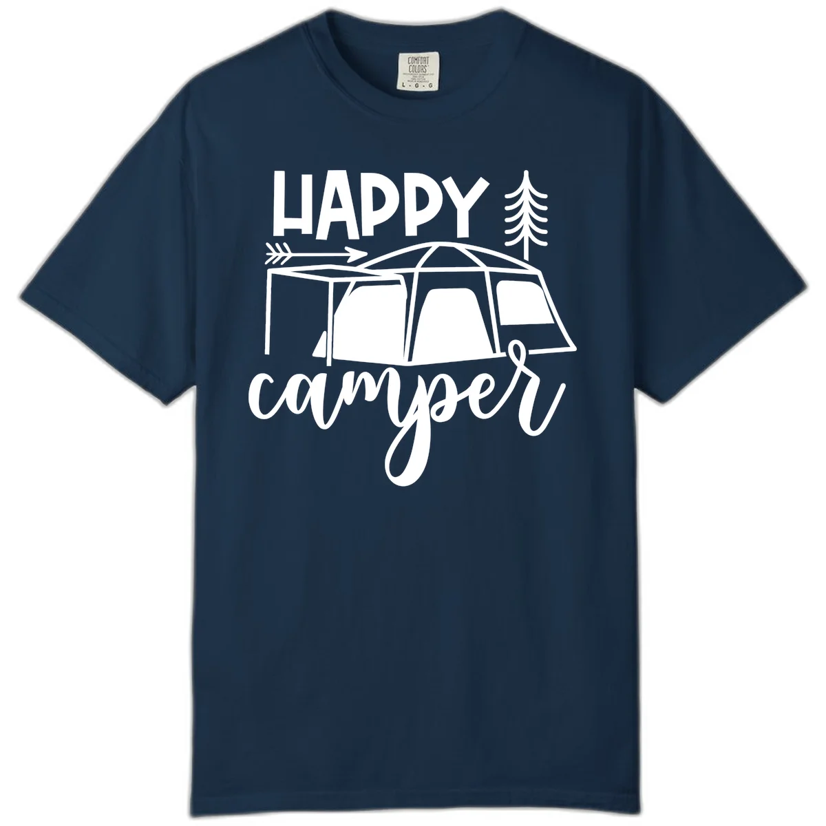 Happy Camper design with illustrated tent, evergreen trees, and arrow on gray background in True Navy