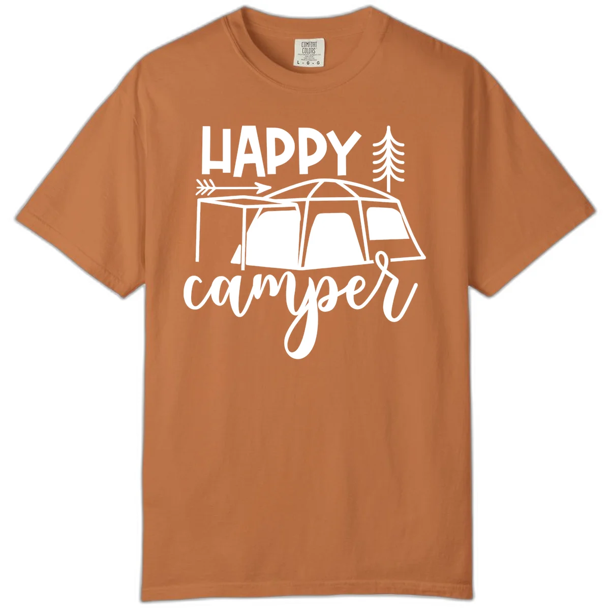 Happy Camper design with illustrated tent, evergreen trees, and arrow on gray background in Yam