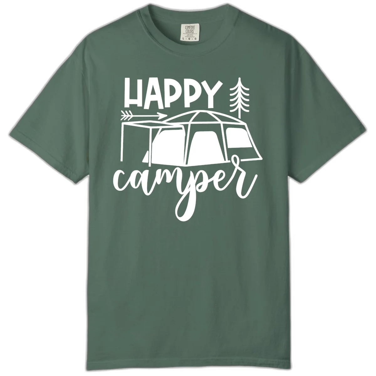 Happy Camper design with illustrated tent, evergreen trees, and arrow on gray background in Blue Spruce