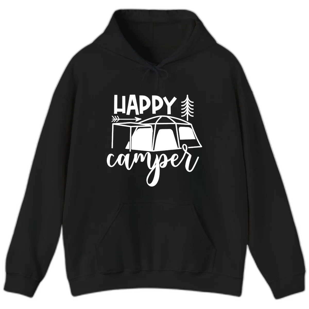 Happy Camper design with illustrated tent, evergreen trees, and arrow on gray background in Black