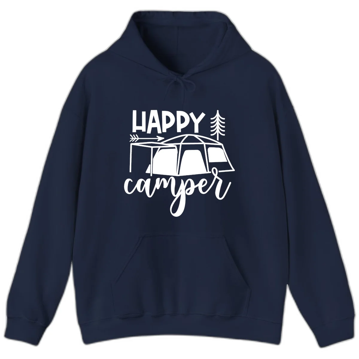 Happy Camper design with illustrated tent, evergreen trees, and arrow on gray background in Navy