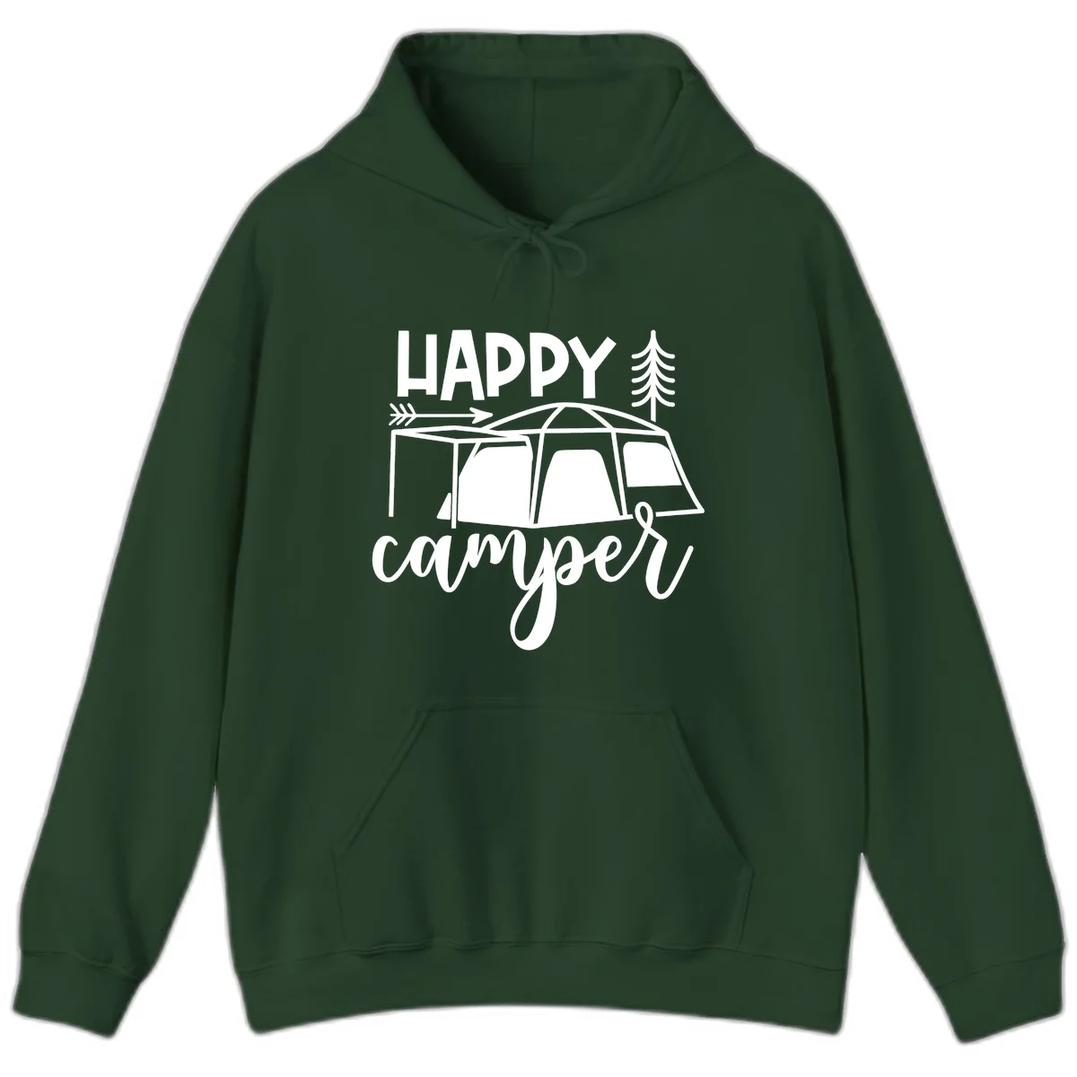 Happy Camper design with illustrated tent, evergreen trees, and arrow on gray background in Forest Green