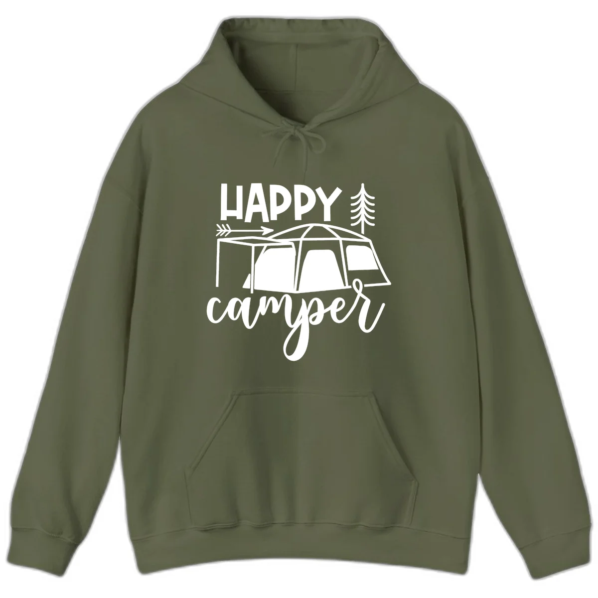 Happy Camper design with illustrated tent, evergreen trees, and arrow on gray background in Military Green