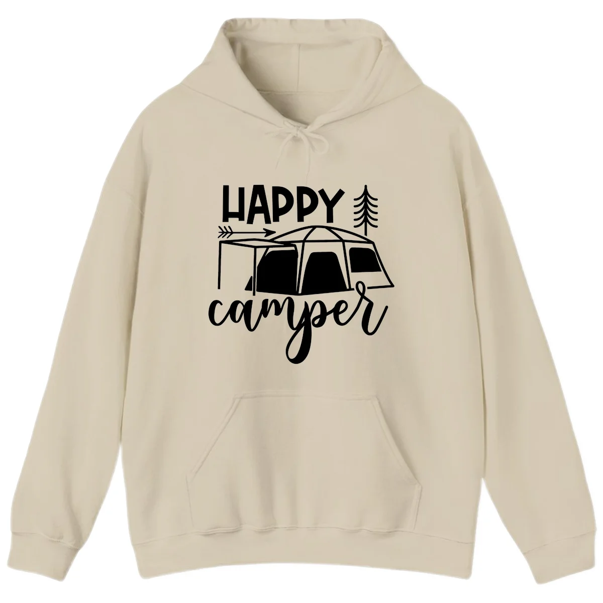 Happy Camper design with illustrated tent, evergreen trees, and arrow on gray background in Sand
