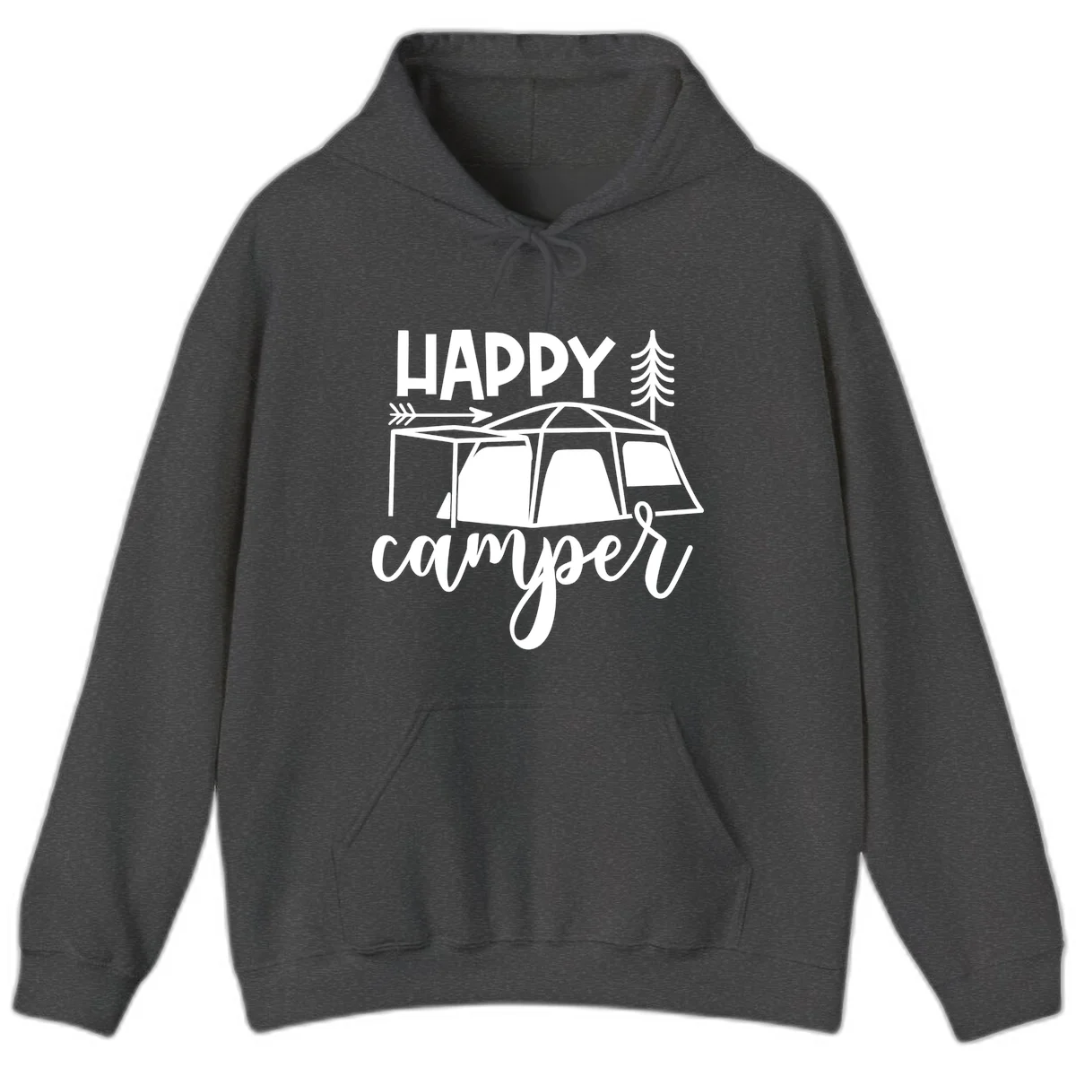 Happy Camper design with illustrated tent, evergreen trees, and arrow on gray background in Dark Heather