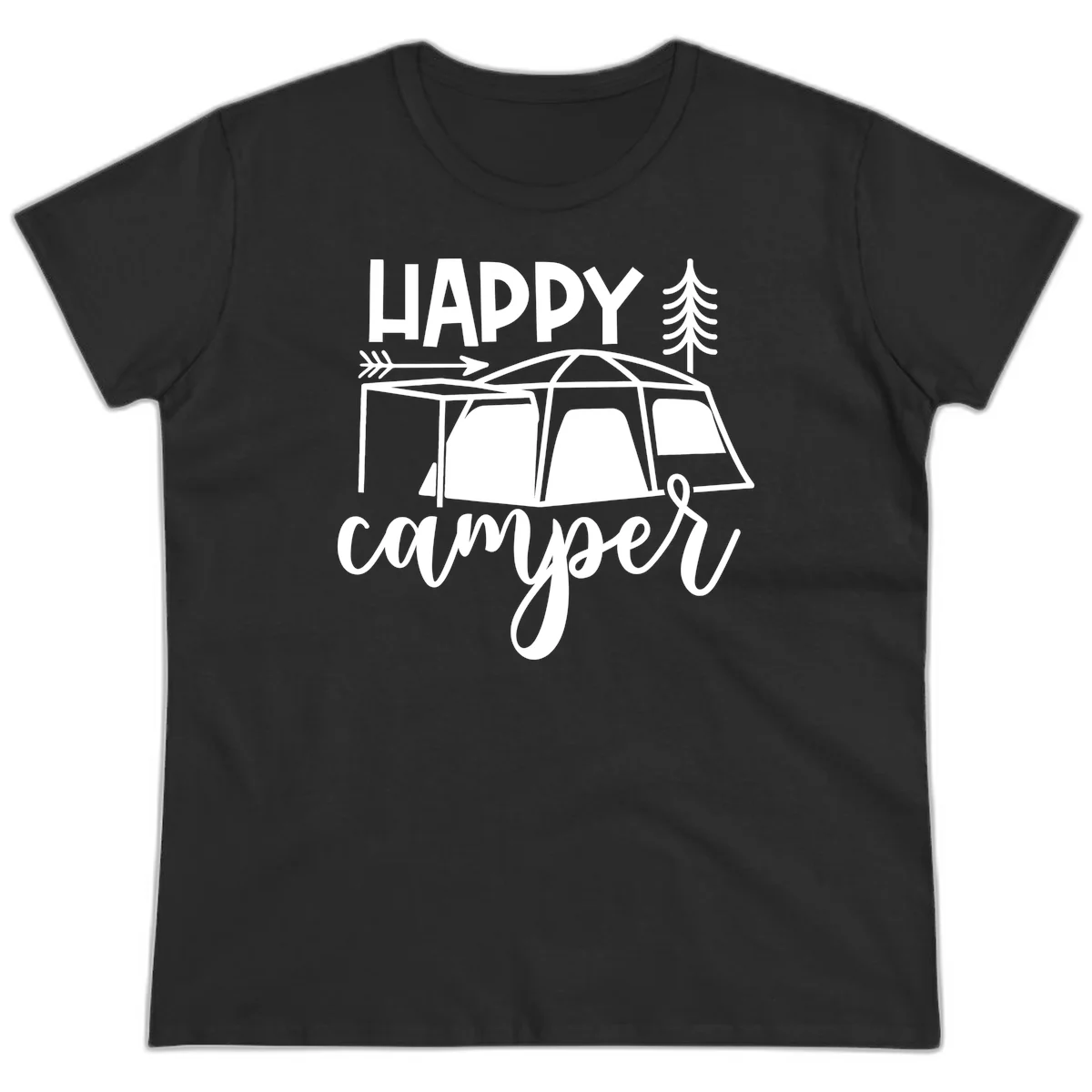Happy Camper design with illustrated tent, evergreen trees, and arrow on gray background in Black