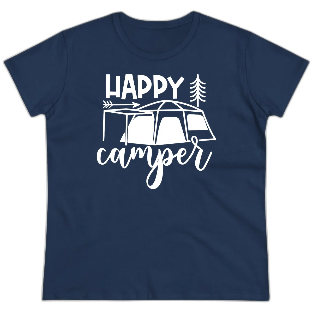 Happy Camper design with illustrated tent, evergreen trees, and arrow on gray background in Navy