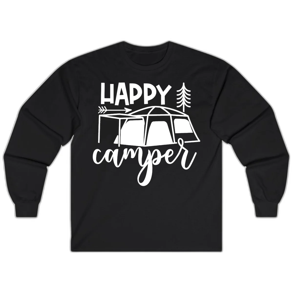Happy Camper design with illustrated tent, evergreen trees, and arrow on gray background in Black