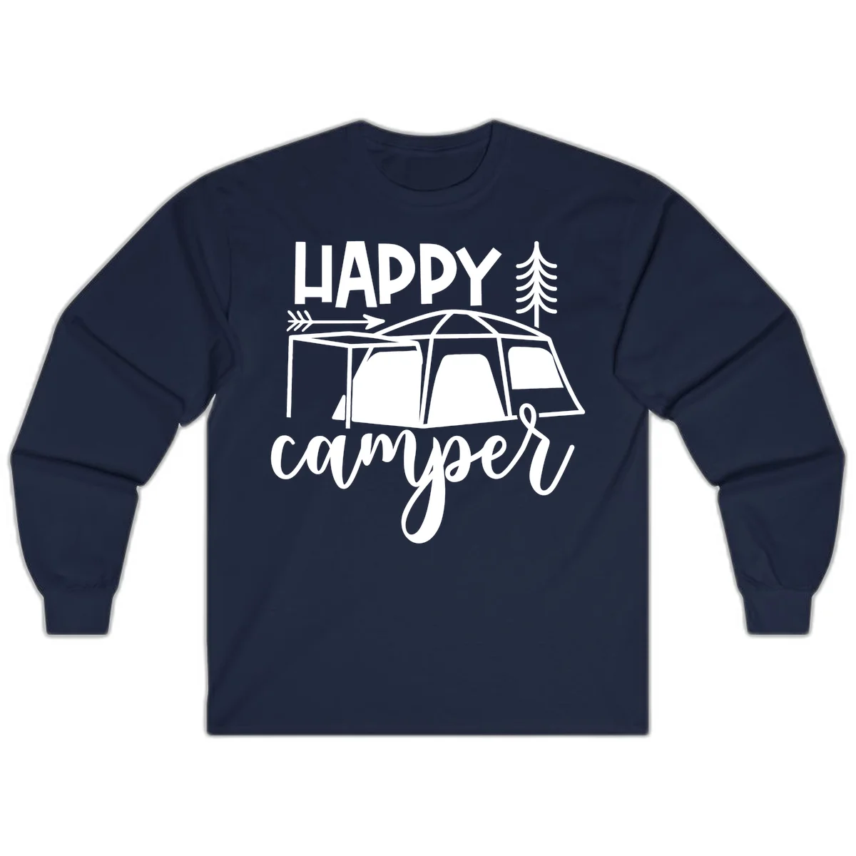 Happy Camper design with illustrated tent, evergreen trees, and arrow on gray background in Navy