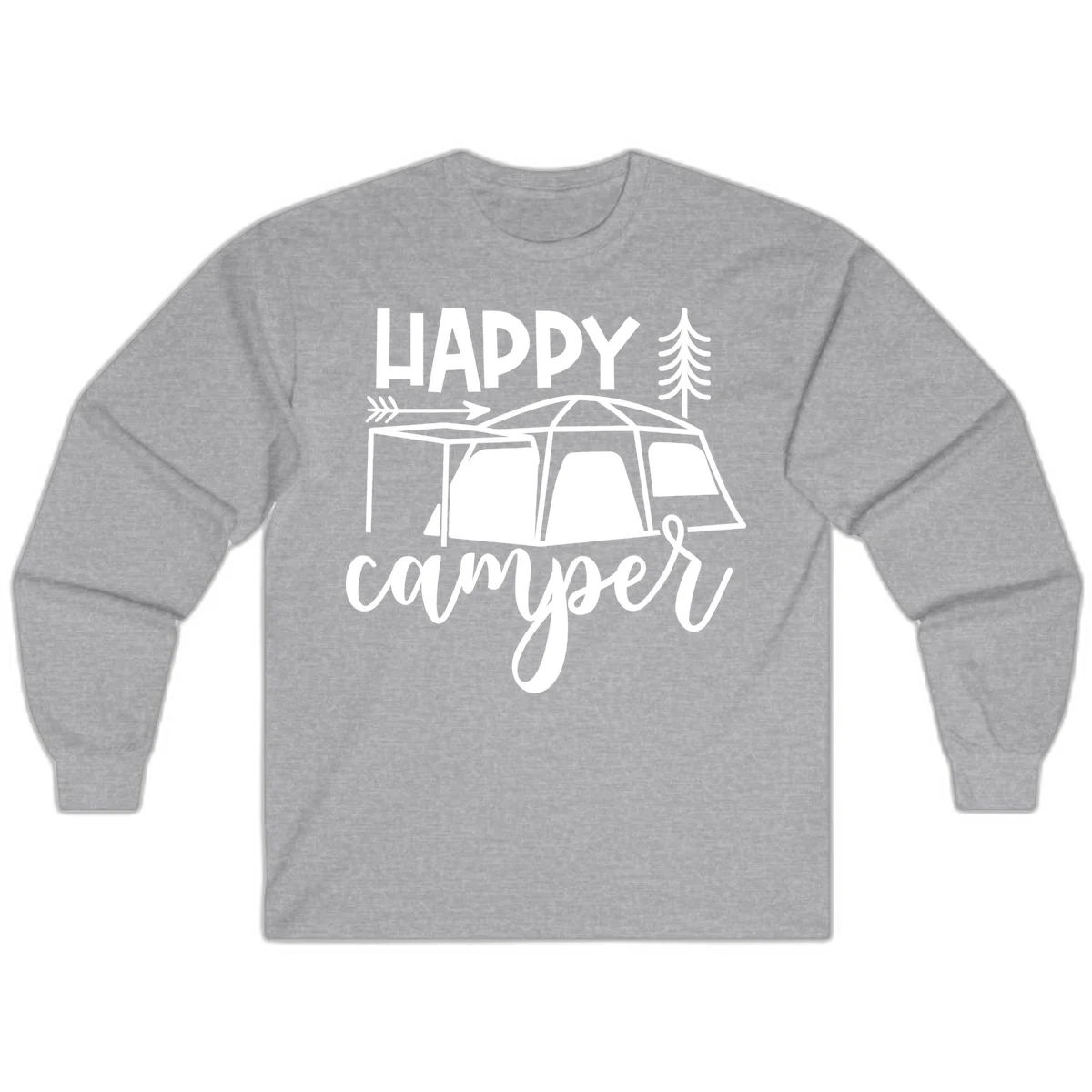 Happy Camper design with illustrated tent, evergreen trees, and arrow on gray background in Sport Grey