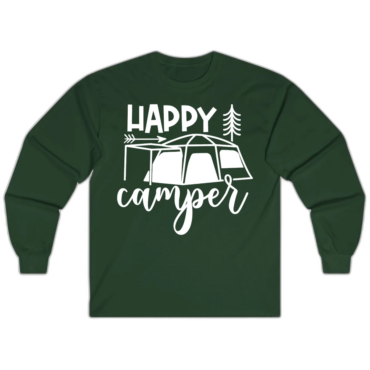 Happy Camper design with illustrated tent, evergreen trees, and arrow on gray background in Forest Green