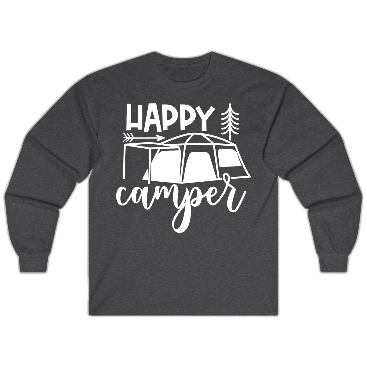 Happy Camper design with illustrated tent, evergreen trees, and arrow on gray background in Dark Heather