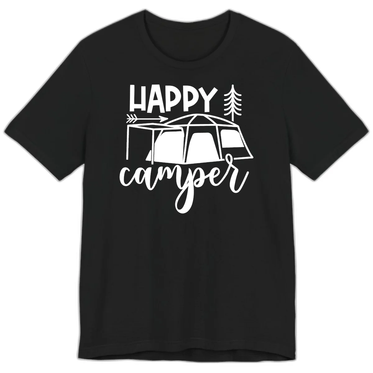 Happy Camper design with illustrated tent, evergreen trees, and arrow on gray background in Black