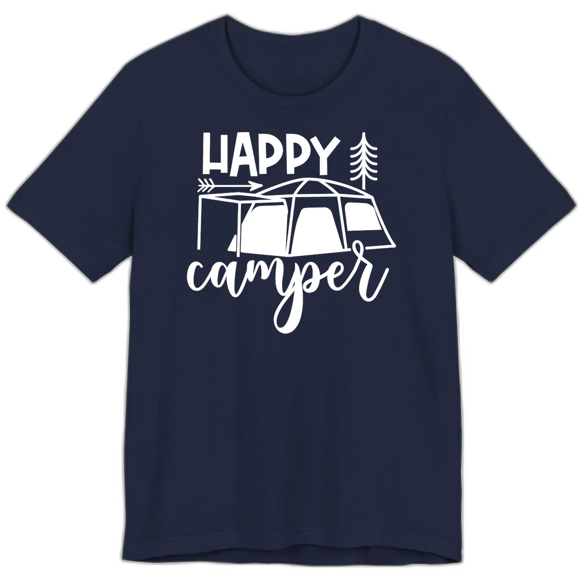 Happy Camper design with illustrated tent, evergreen trees, and arrow on gray background in Navy