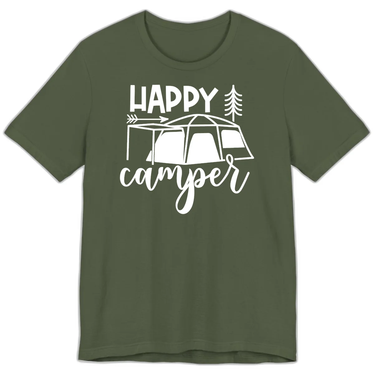 Happy Camper design with illustrated tent, evergreen trees, and arrow on gray background in Military Green