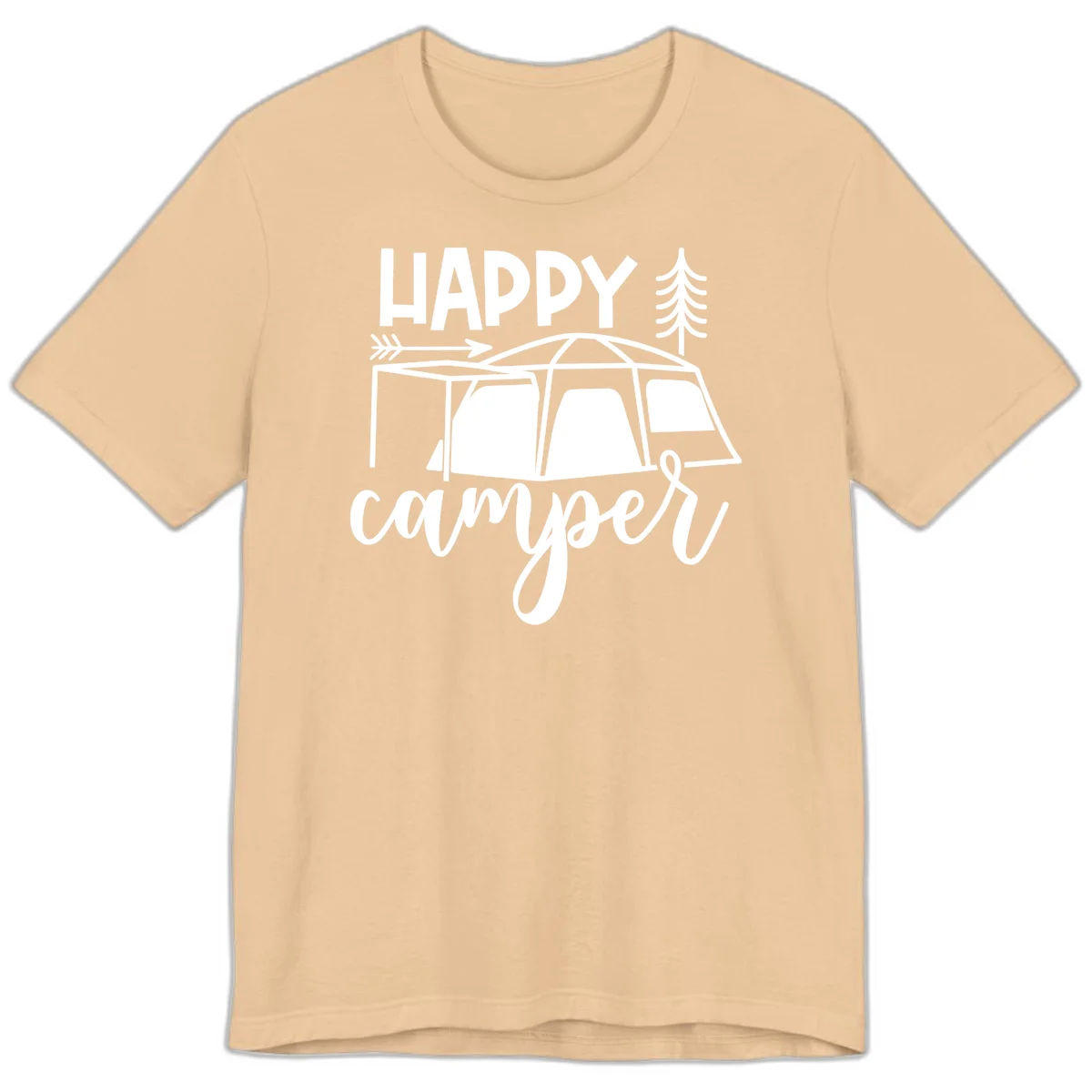 Happy Camper design with illustrated tent, evergreen trees, and arrow on gray background in Sand Dune