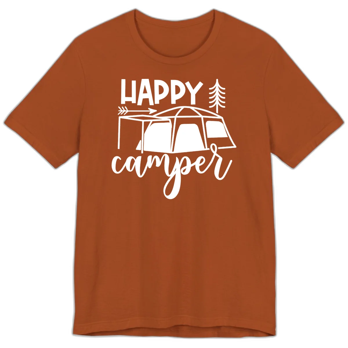 Happy Camper design with illustrated tent, evergreen trees, and arrow on gray background in Autumn
