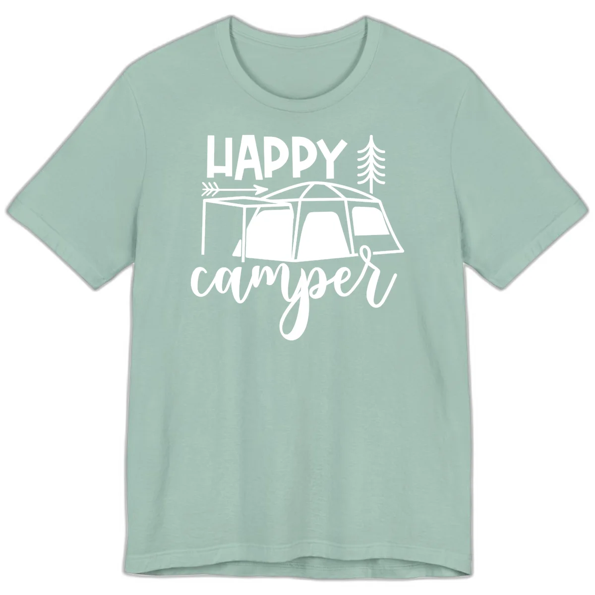 Happy Camper design with illustrated tent, evergreen trees, and arrow on gray background in Dusty Blue