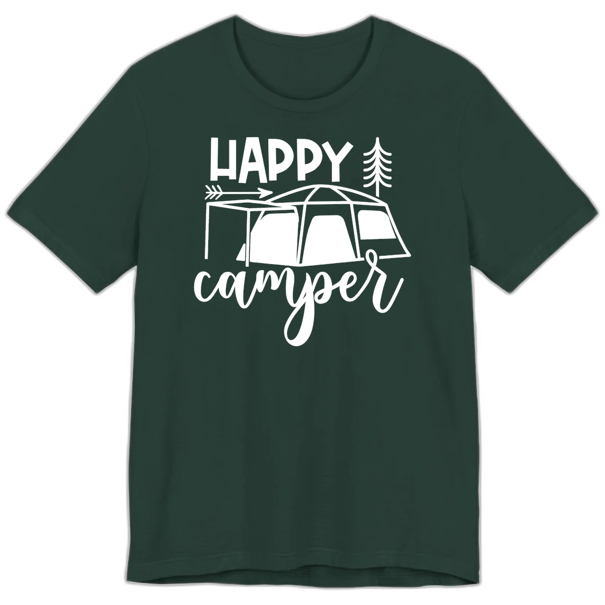 Happy Camper design with illustrated tent, evergreen trees, and arrow on gray background in Forest