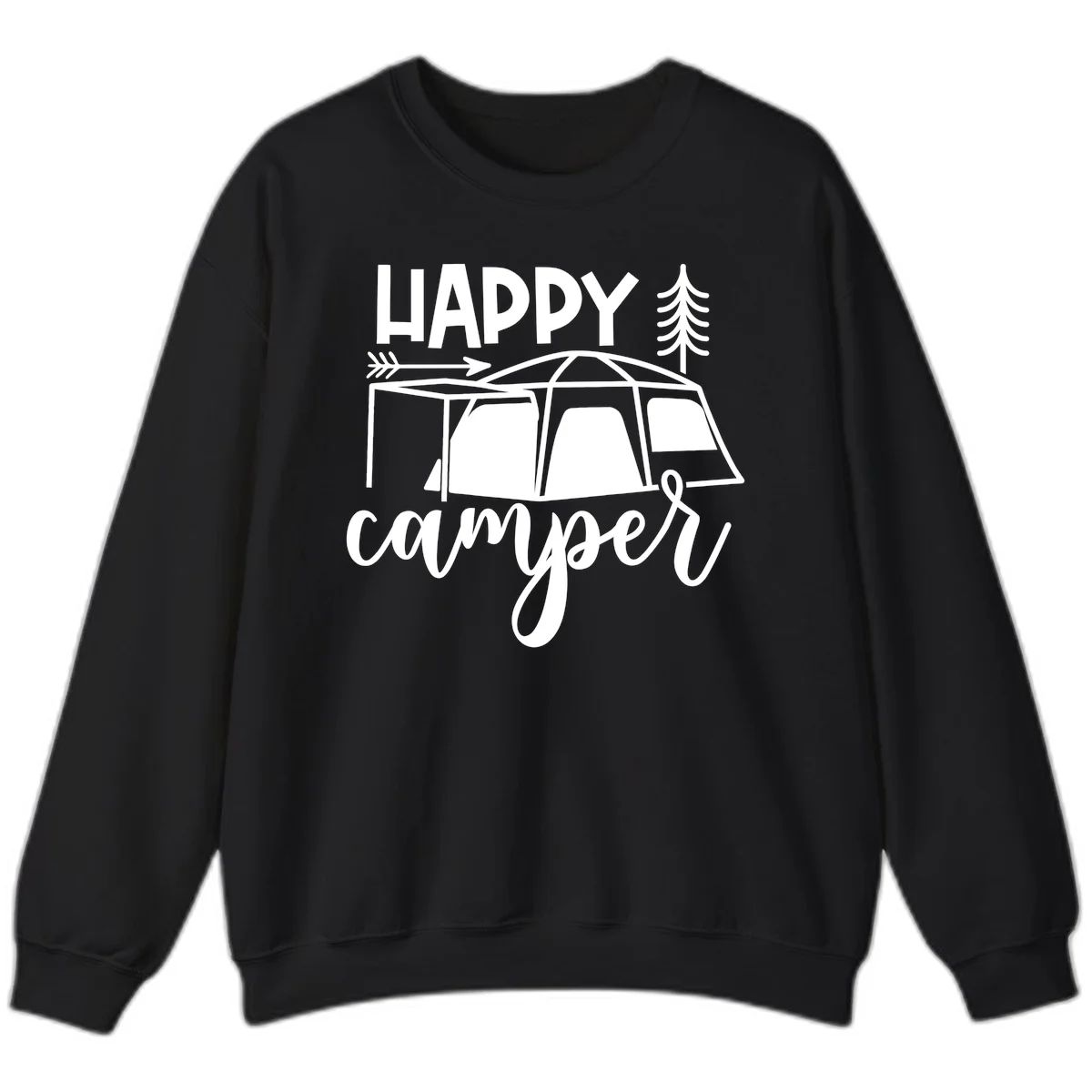Happy Camper design with illustrated tent, evergreen trees, and arrow on gray background in Black