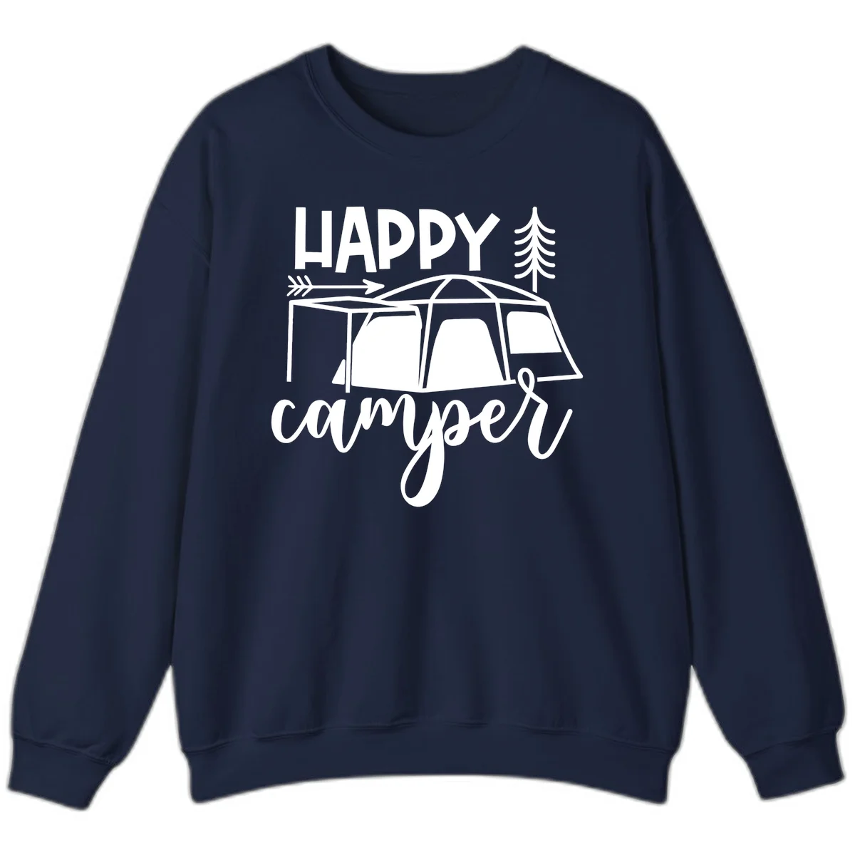 Happy Camper design with illustrated tent, evergreen trees, and arrow on gray background in Navy