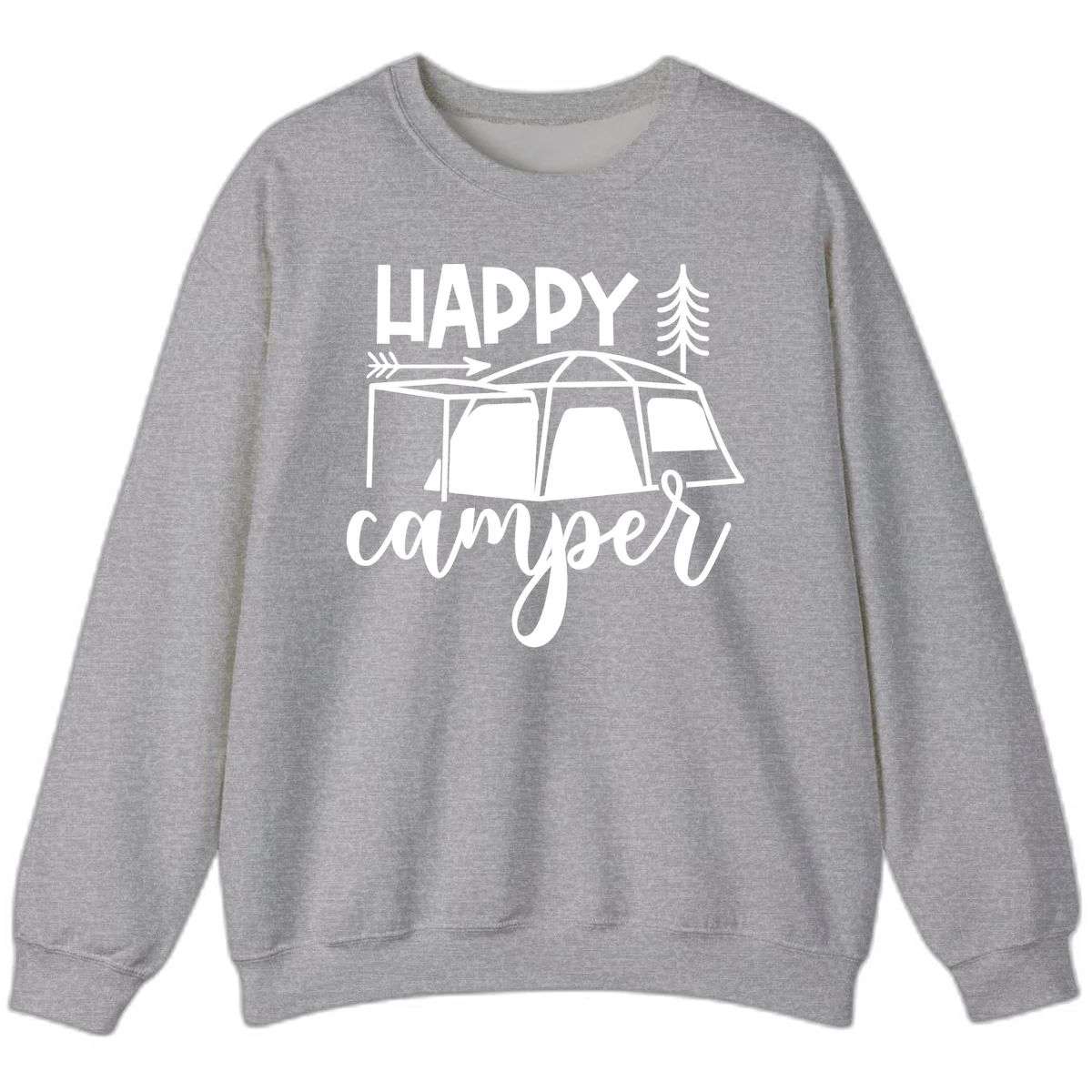 Happy Camper design with illustrated tent, evergreen trees, and arrow on gray background in Sport Grey