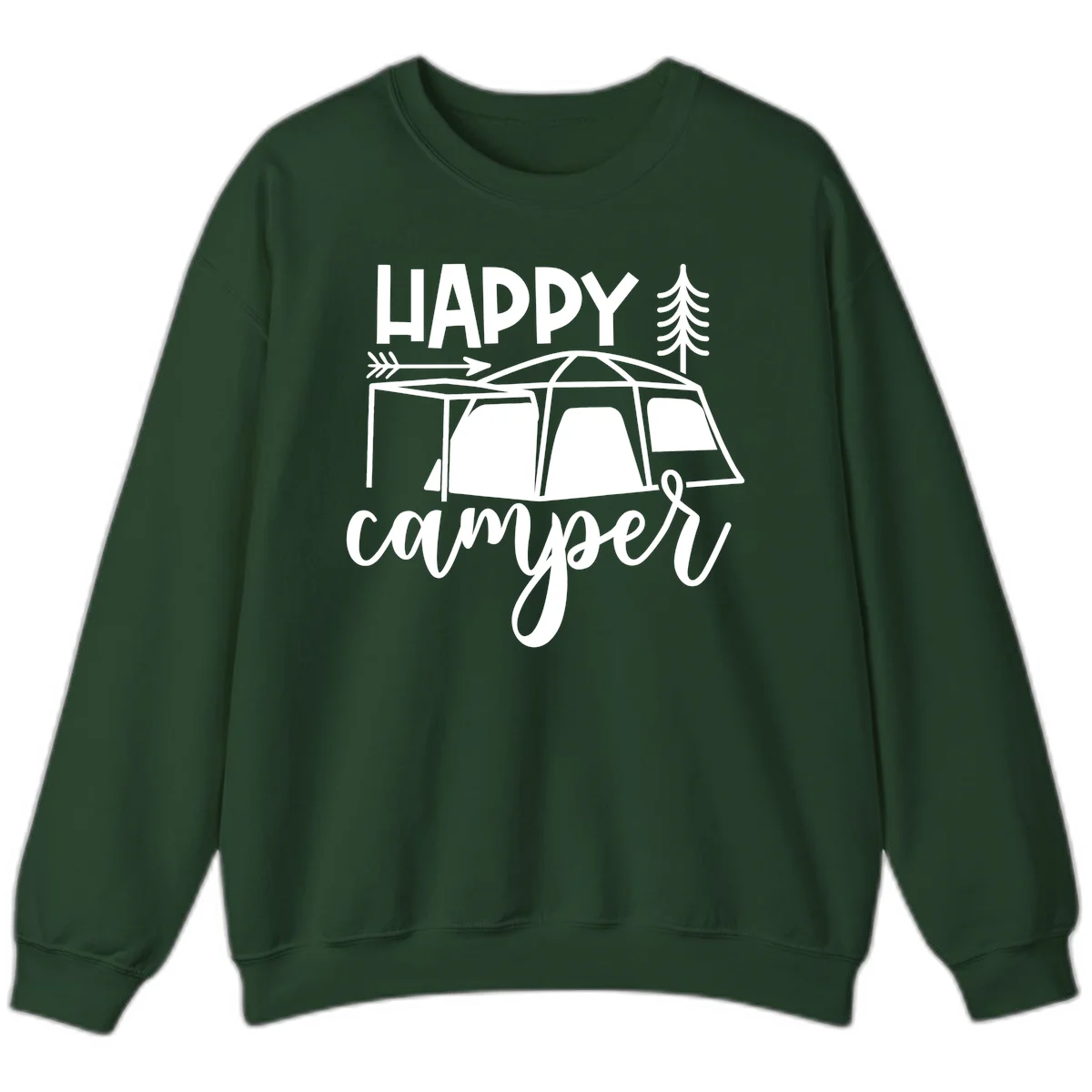 Happy Camper design with illustrated tent, evergreen trees, and arrow on gray background in Forest Green