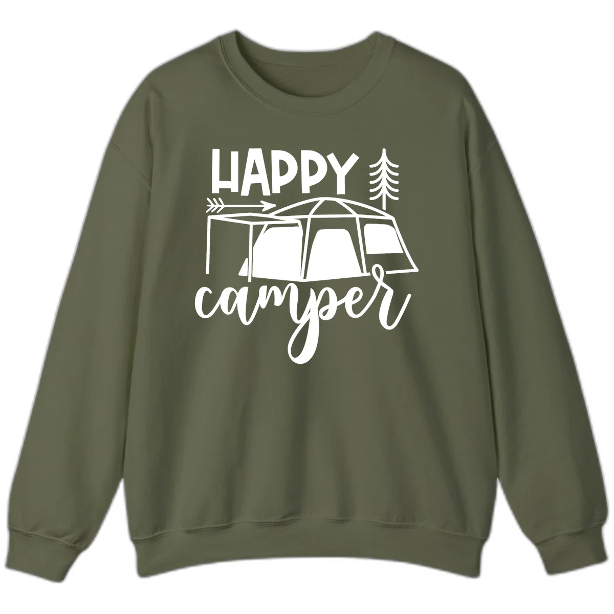 Happy Camper design with illustrated tent, evergreen trees, and arrow on gray background in Military Green