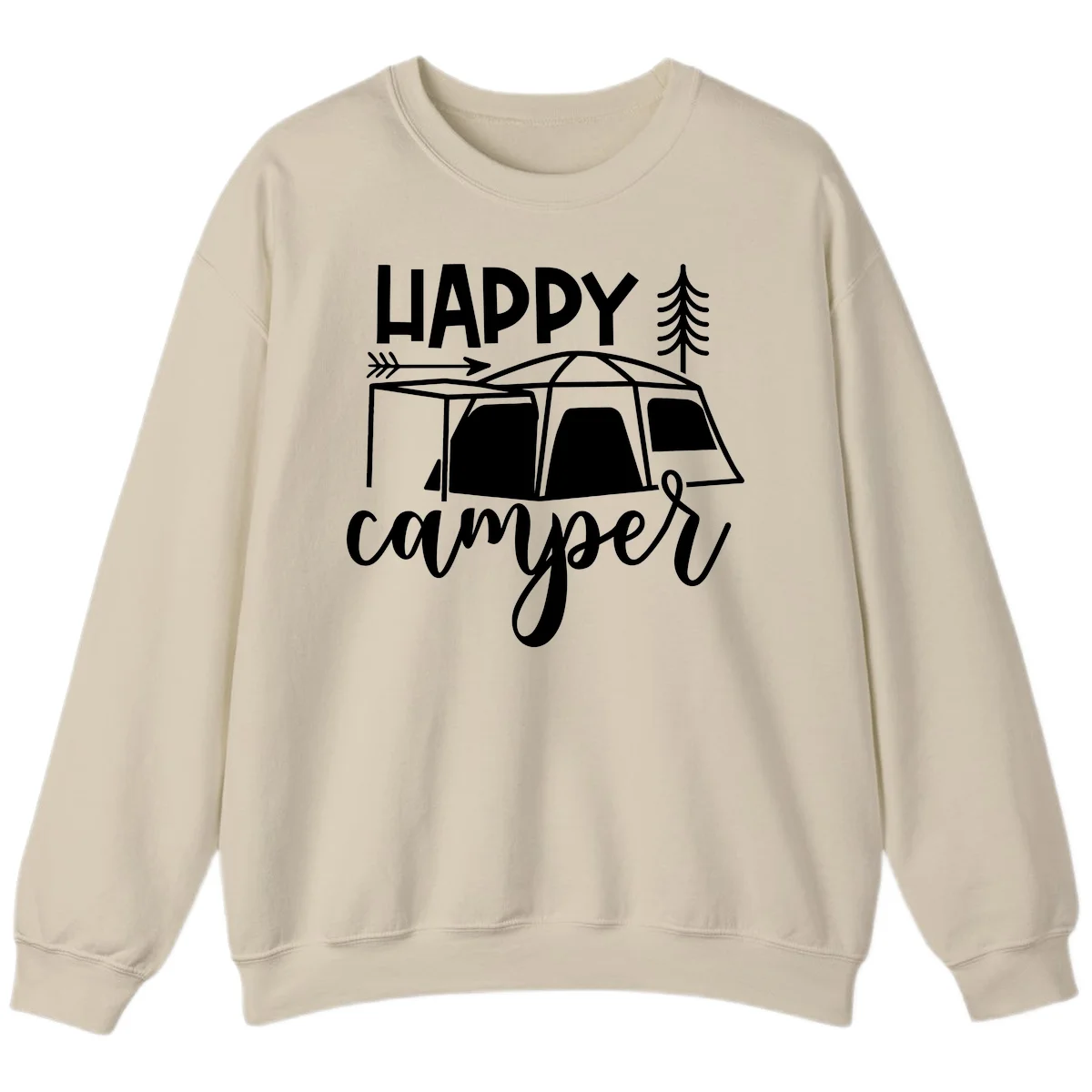 Happy Camper design with illustrated tent, evergreen trees, and arrow on gray background in Sand