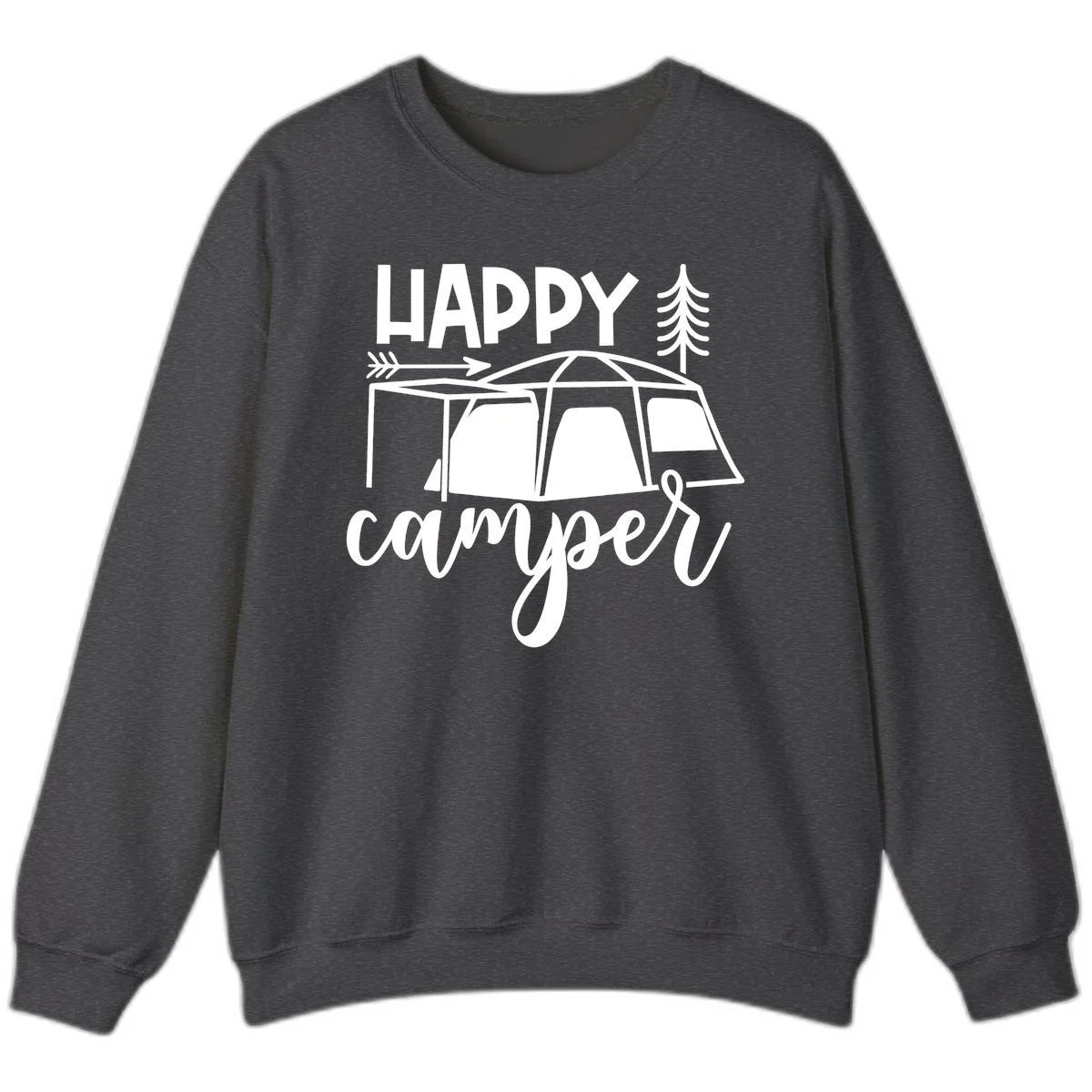 Happy Camper design with illustrated tent, evergreen trees, and arrow on gray background in Dark Heather