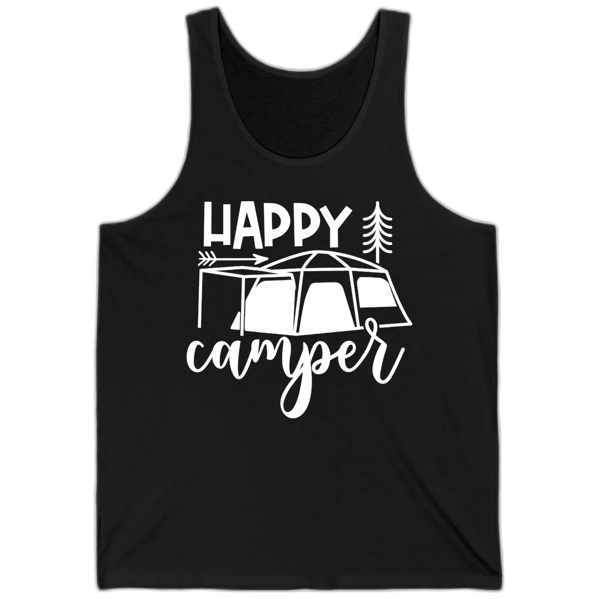 Happy Camper design with illustrated tent, evergreen trees, and arrow on gray background in Black