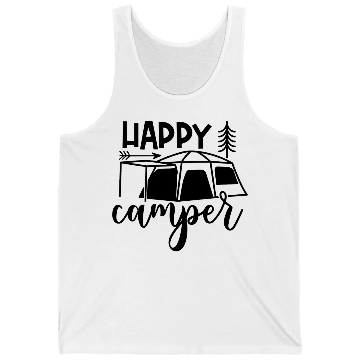 Happy Camper design with illustrated tent, evergreen trees, and arrow on gray background in White