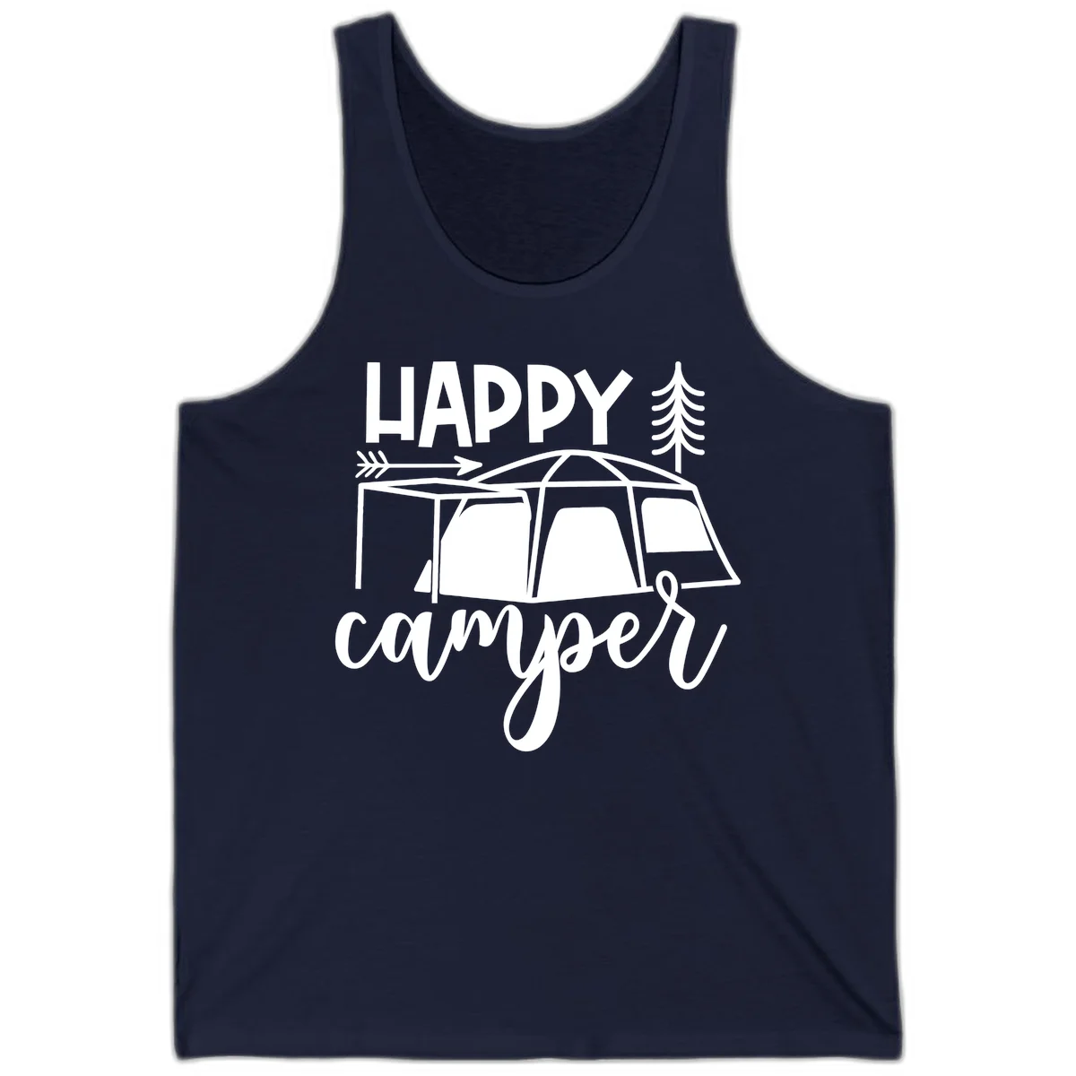 Happy Camper design with illustrated tent, evergreen trees, and arrow on gray background in Navy