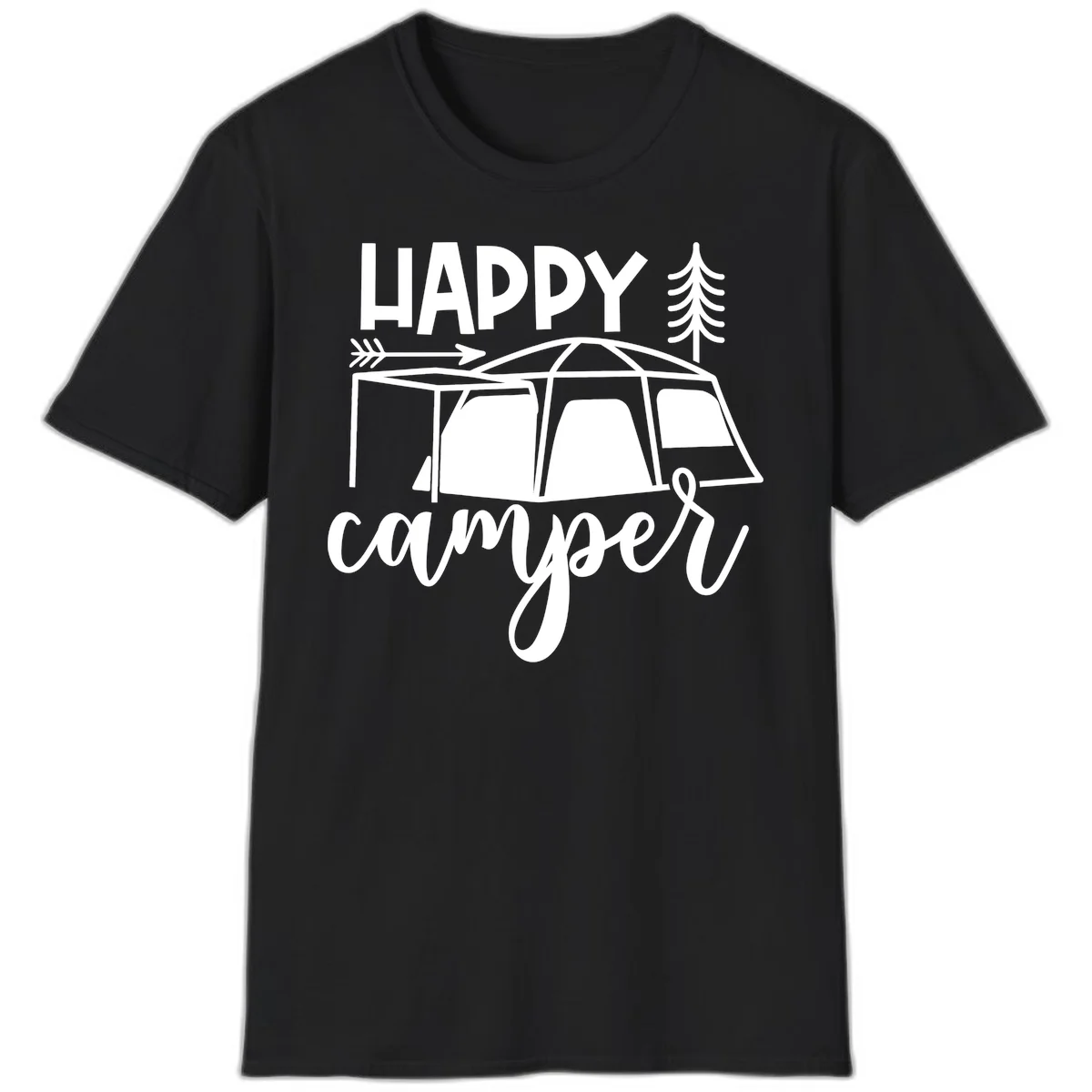 Happy Camper design with illustrated tent, evergreen trees, and arrow on gray background in Black