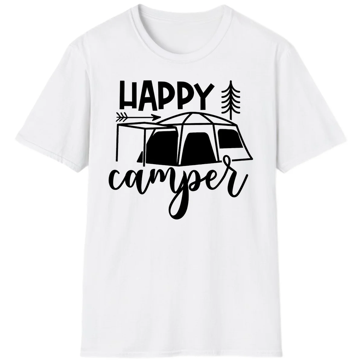 Happy Camper design with illustrated tent, evergreen trees, and arrow on gray background in White