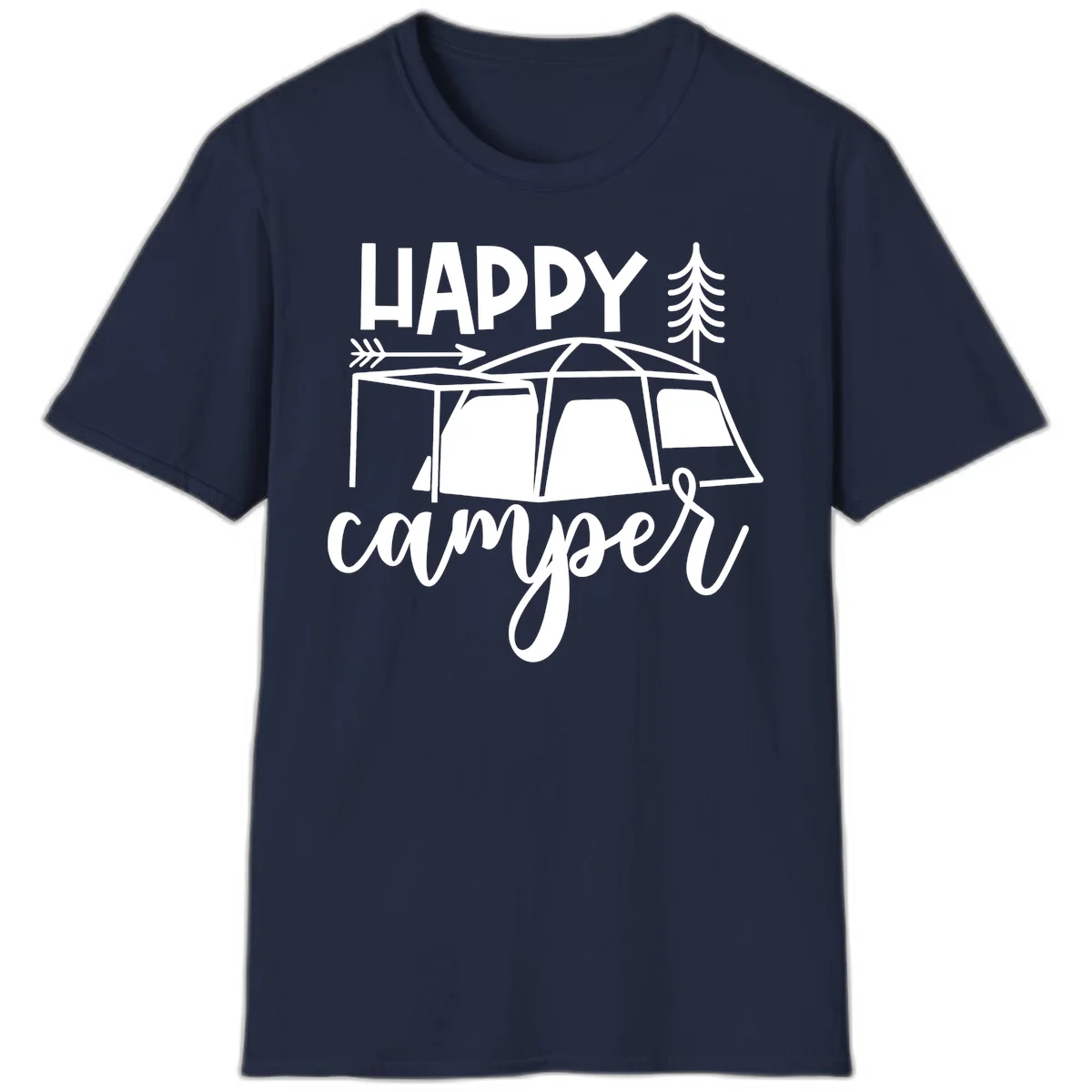 Happy Camper design with illustrated tent, evergreen trees, and arrow on gray background in Navy