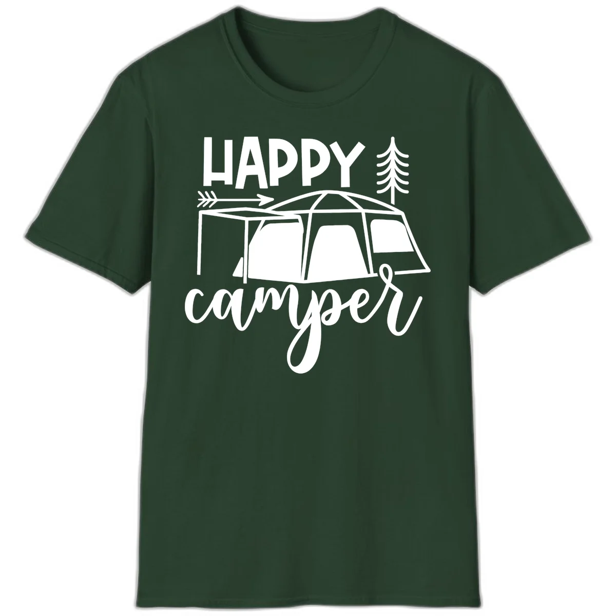 Happy Camper design with illustrated tent, evergreen trees, and arrow on gray background in Forest Green