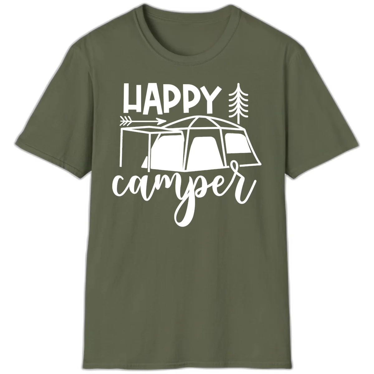 Happy Camper design with illustrated tent, evergreen trees, and arrow on gray background in Military Green