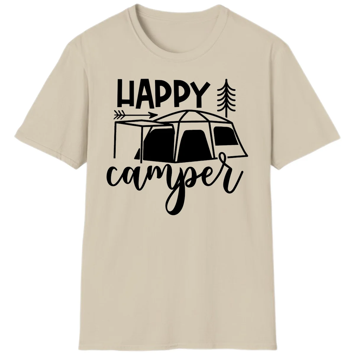 Happy Camper design with illustrated tent, evergreen trees, and arrow on gray background in Sand