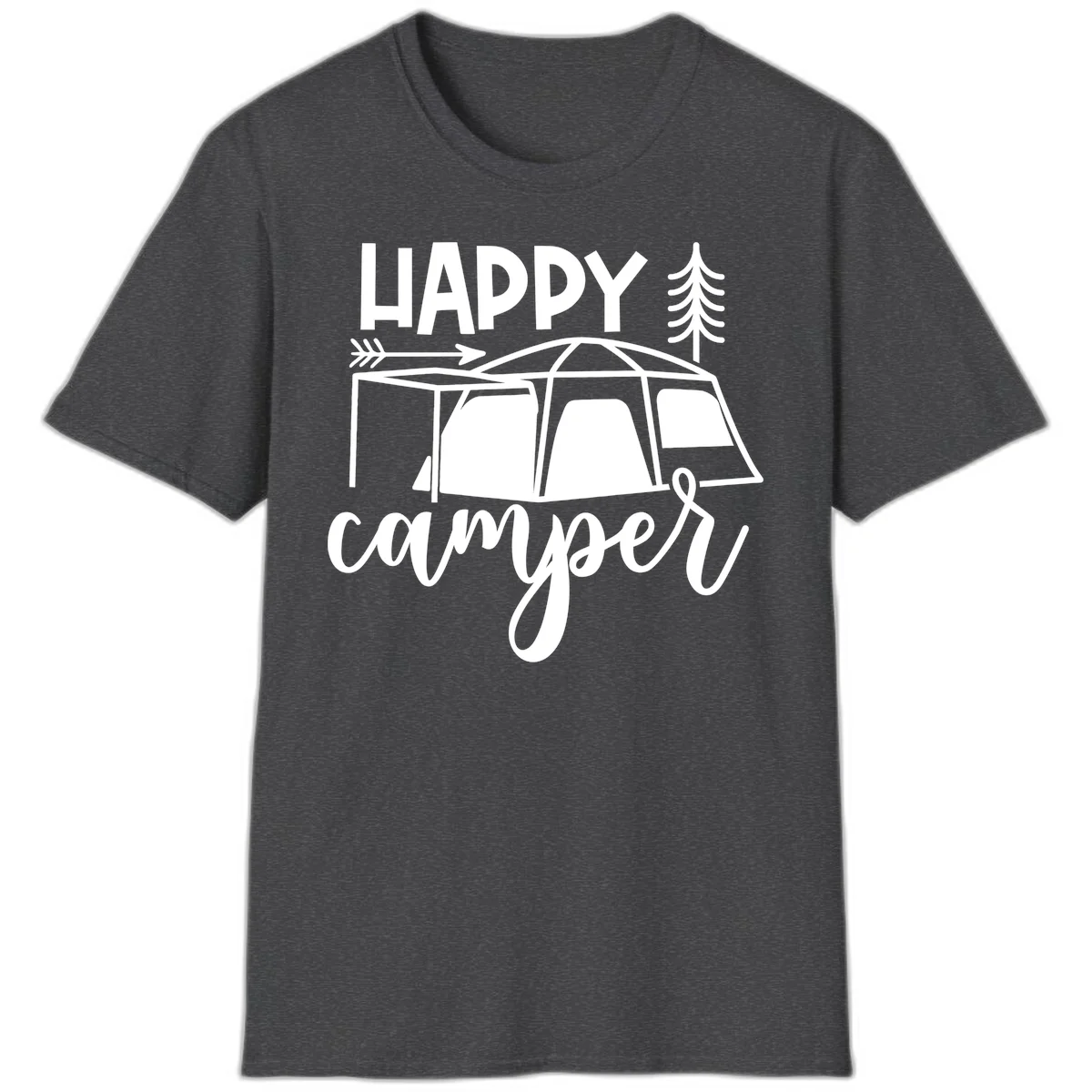 Happy Camper design with illustrated tent, evergreen trees, and arrow on gray background in Dark Heather