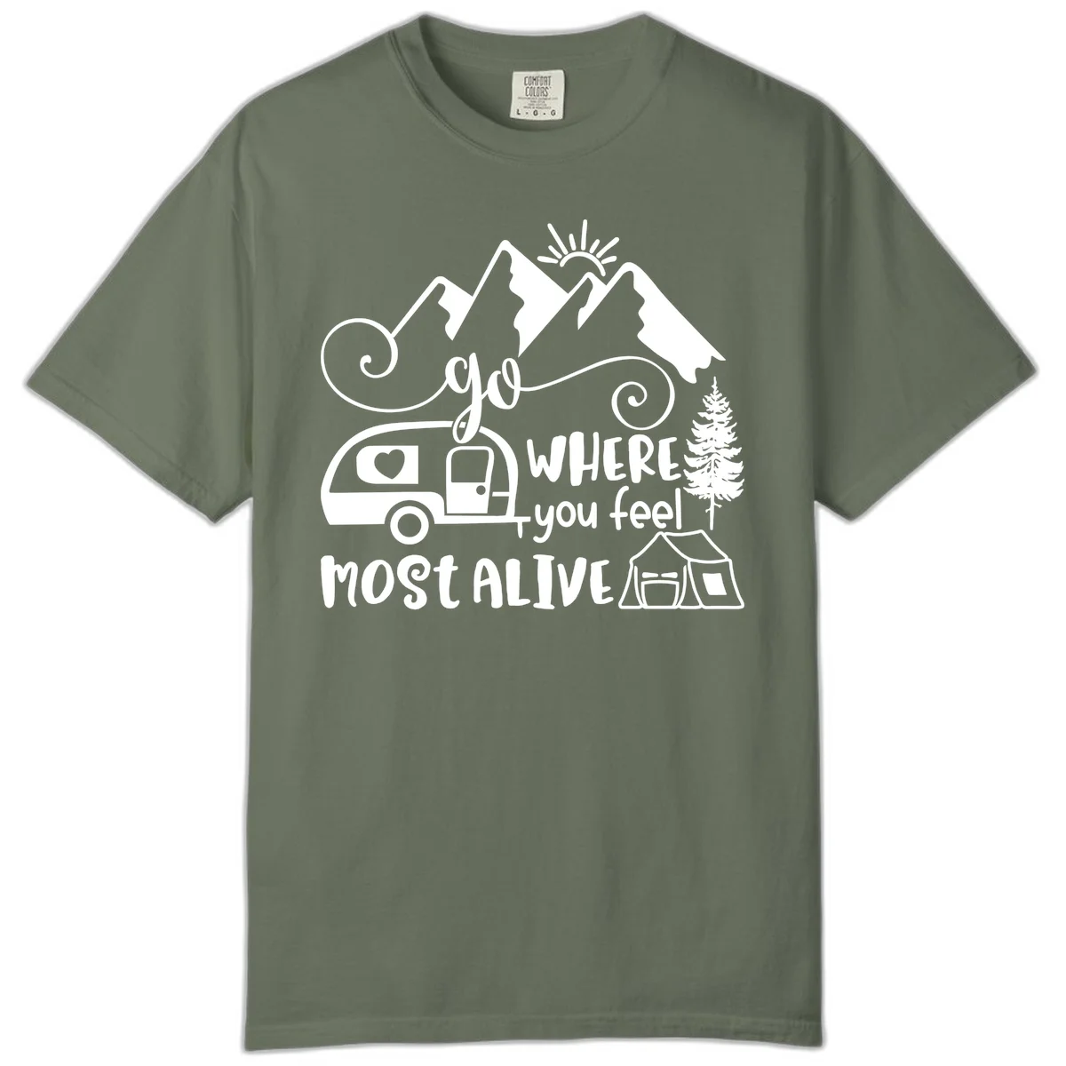 Line art design with mountains, camper van, tent and pine tree with text 'go where you feel most alive' celebrating nomadic camping lifestyle in Moss