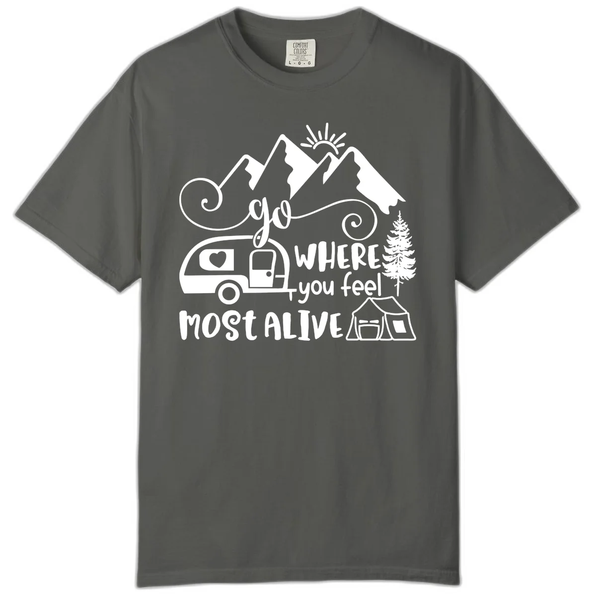 Line art design with mountains, camper van, tent and pine tree with text 'go where you feel most alive' celebrating nomadic camping lifestyle in Pepper