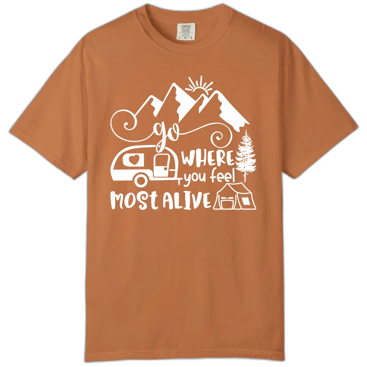 Line art design with mountains, camper van, tent and pine tree with text 'go where you feel most alive' celebrating nomadic camping lifestyle in Yam