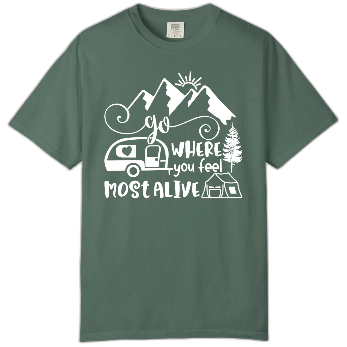 Line art design with mountains, camper van, tent and pine tree with text 'go where you feel most alive' celebrating nomadic camping lifestyle in Blue Spruce