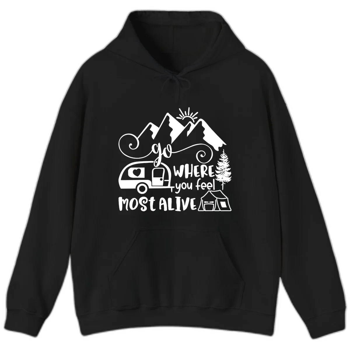 Line art design with mountains, camper van, tent and pine tree with text 'go where you feel most alive' celebrating nomadic camping lifestyle in Black