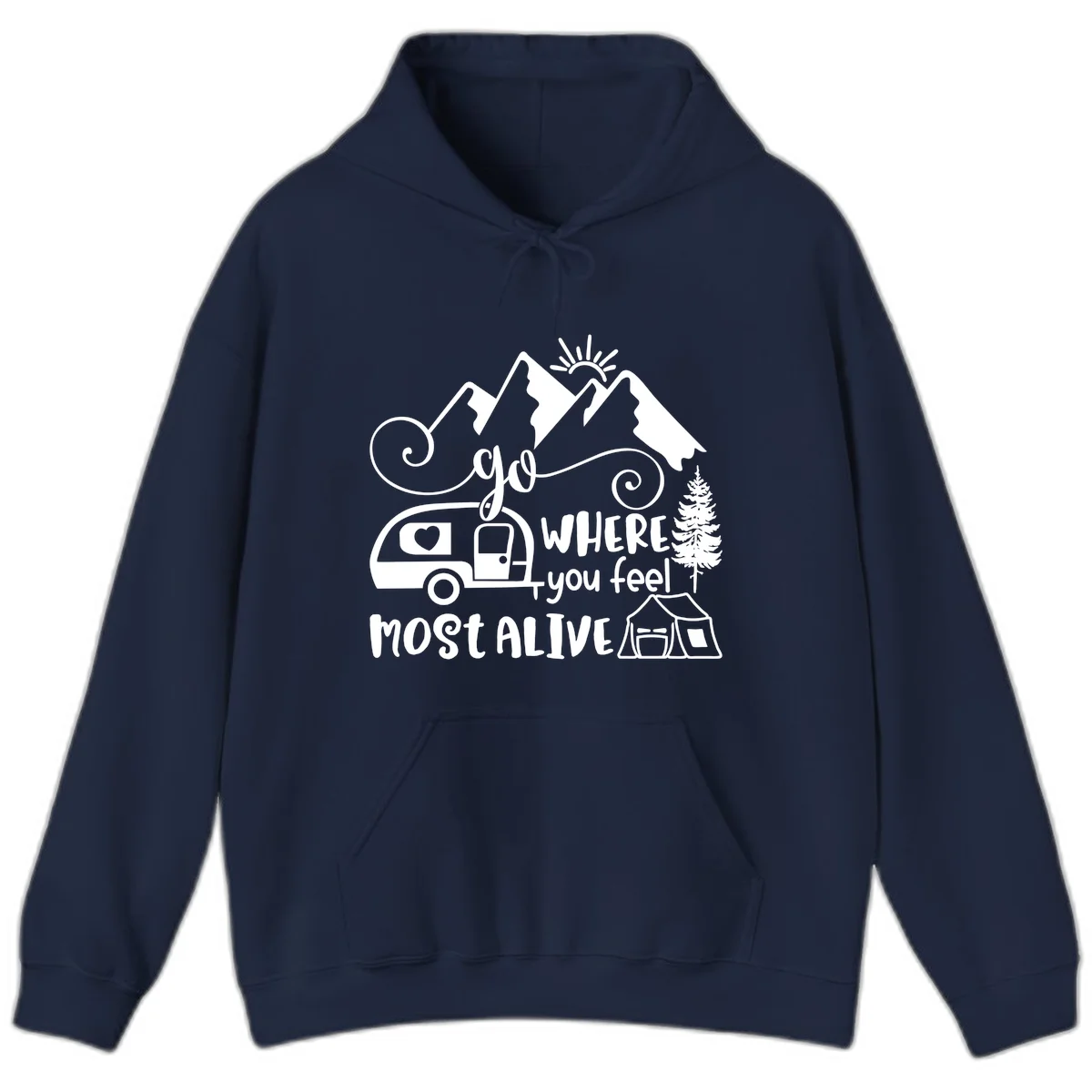 Line art design with mountains, camper van, tent and pine tree with text 'go where you feel most alive' celebrating nomadic camping lifestyle in Navy