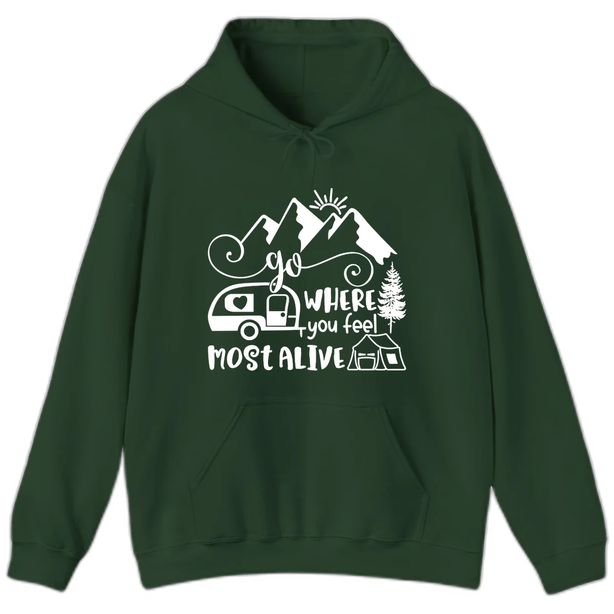 Line art design with mountains, camper van, tent and pine tree with text 'go where you feel most alive' celebrating nomadic camping lifestyle in Forest Green