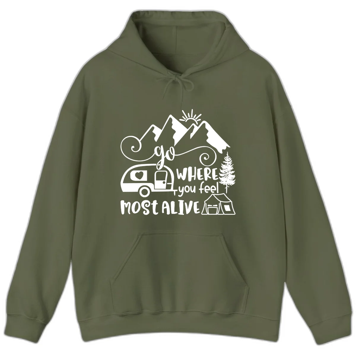 Line art design with mountains, camper van, tent and pine tree with text 'go where you feel most alive' celebrating nomadic camping lifestyle in Military Green