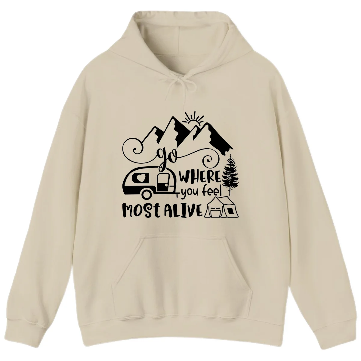 Line art design with mountains, camper van, tent and pine tree with text 'go where you feel most alive' celebrating nomadic camping lifestyle in Sand